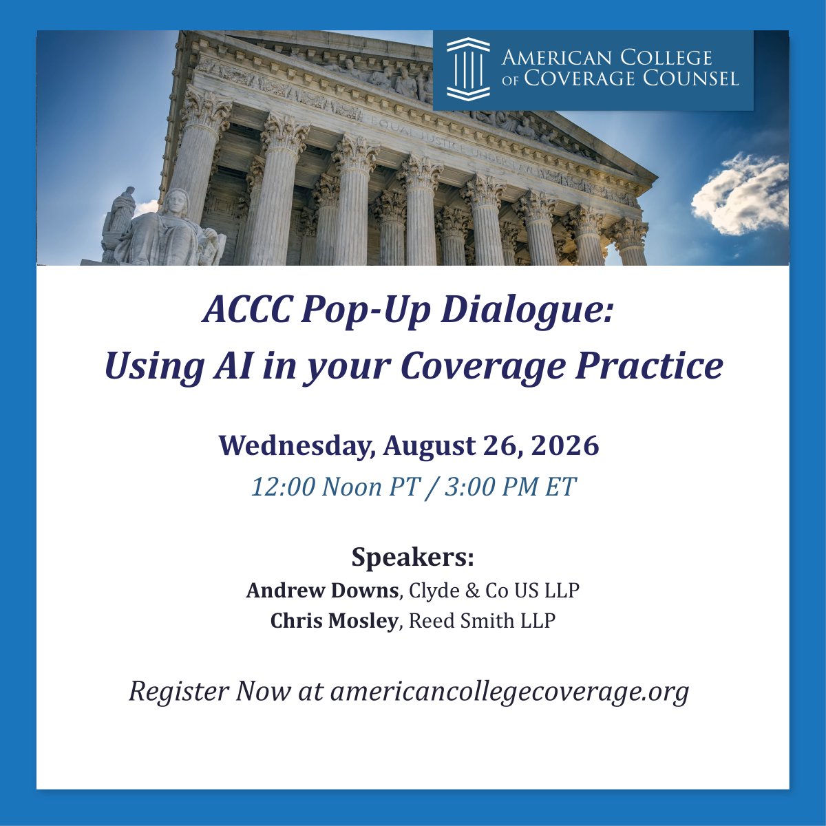 CoverageCollege's tweet photo. Interested in how AI is changing the landscape of insurance coverage law? ⚖️

ACCC Fellows - Join our next Pop-Up Dialogue: Using AI in Your Coverage Practice on August 26!

Details &amp; Registration here: 👇 https://t.co/Wmnd24SoU8

#ACCC #InsuranceLaw #LegalTech #AI https://t.co/2Ddzeq6Ufp