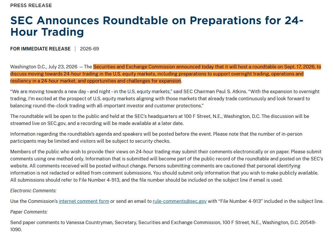 CryptooIndia's tweet photo. JUST IN: 🇺🇸 SEC to hold roundtable on September 17 to discuss 24-hour U.S. stock market trading. https://t.co/gkkYvGelvY