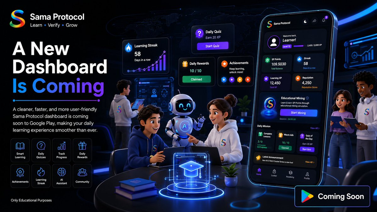 Sama_Protocol1's tweet photo. ✨ A new Sama Protocol dashboard is coming!

Cleaner. Smarter. More user-friendly.

Coming Soon on Google Play.

💙 Learn • Verify • Grow

#SamaProtocol #ComingSoon #AppUpdate https://t.co/i4LuFcXH3d