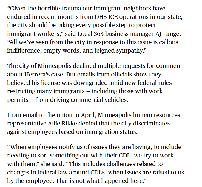 taylr's tweet photo. stand on those values then, mayor, and get darley herrera his job at the city of minneapolis back. not his fault donald trump's immigration misspelled his name and caused this mess that lead to him losing his job

his union and the regional labor federation are in solidarity with him