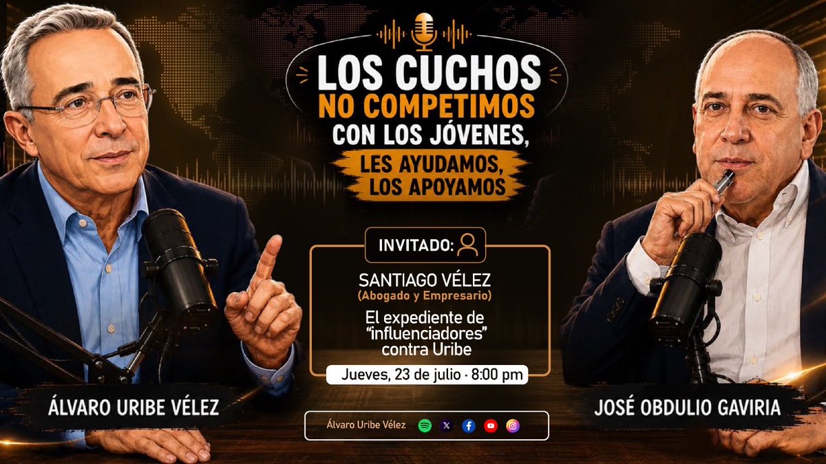 JuliaCorreaNutt's tweet photo. El podcast “Los Cuchos” está imperdible el día de hoy. El invitado @SantiagoVelezP conversará con el Presidente @AlvaroUribeVel y con @JOSEOBDULIO  sobre el expediente de los “influenciadores” en su contra. 
Enlace: https://t.co/HpQX7rUVE0 https://t.co/boCX5jdBJH