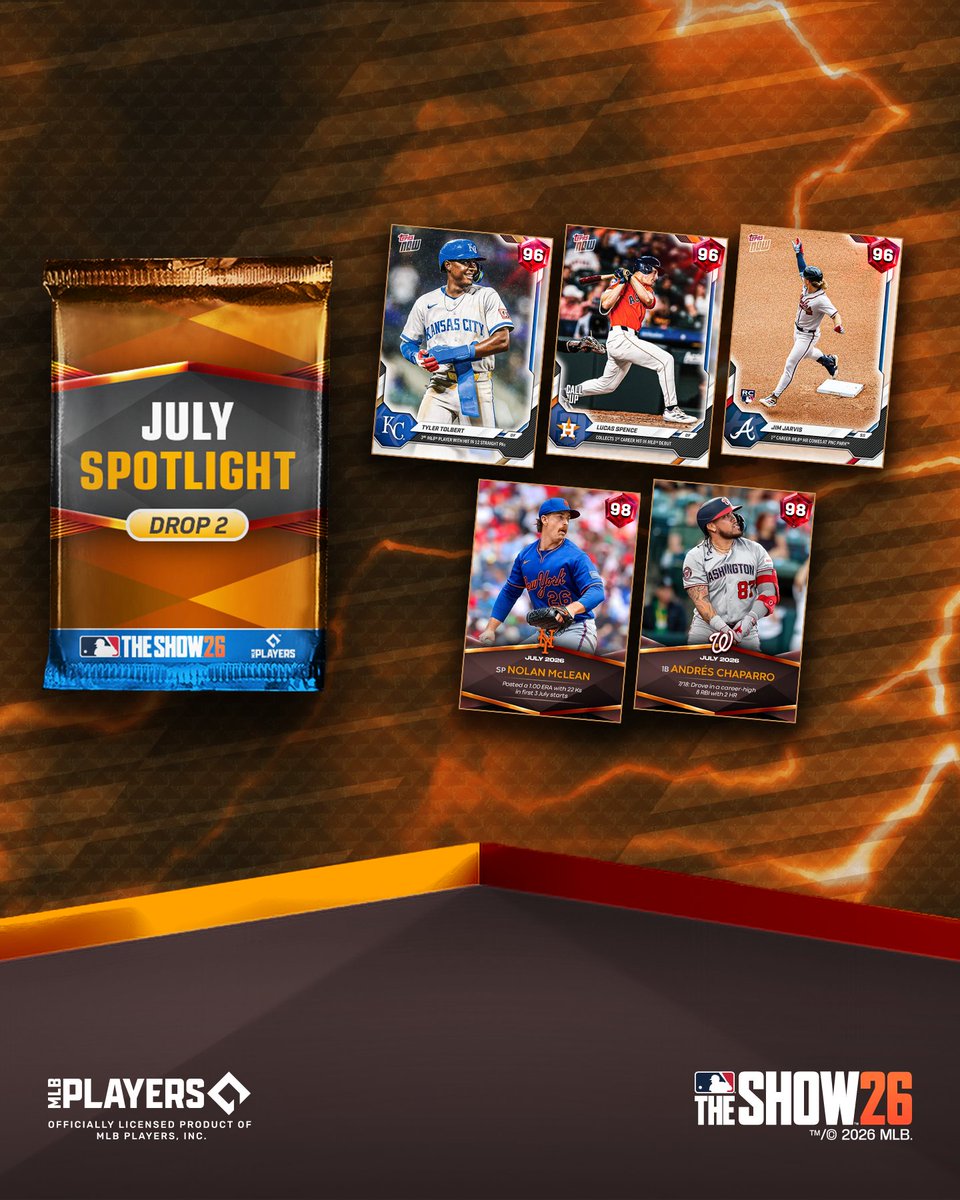 MLBTheShow's tweet photo. More red 💎s for your squad dropping today in MLB The Show 26!

Play the July Spotlight Drop 2 Program and earn:

🔦 Spotlight Esmerlyn Valdez 💎
💎 @Topps Now Luis Lara 
💎 @Topps Now Ian Seymour
+📦 July Spotlight Pack 2 https://t.co/2ObNyJCy0B