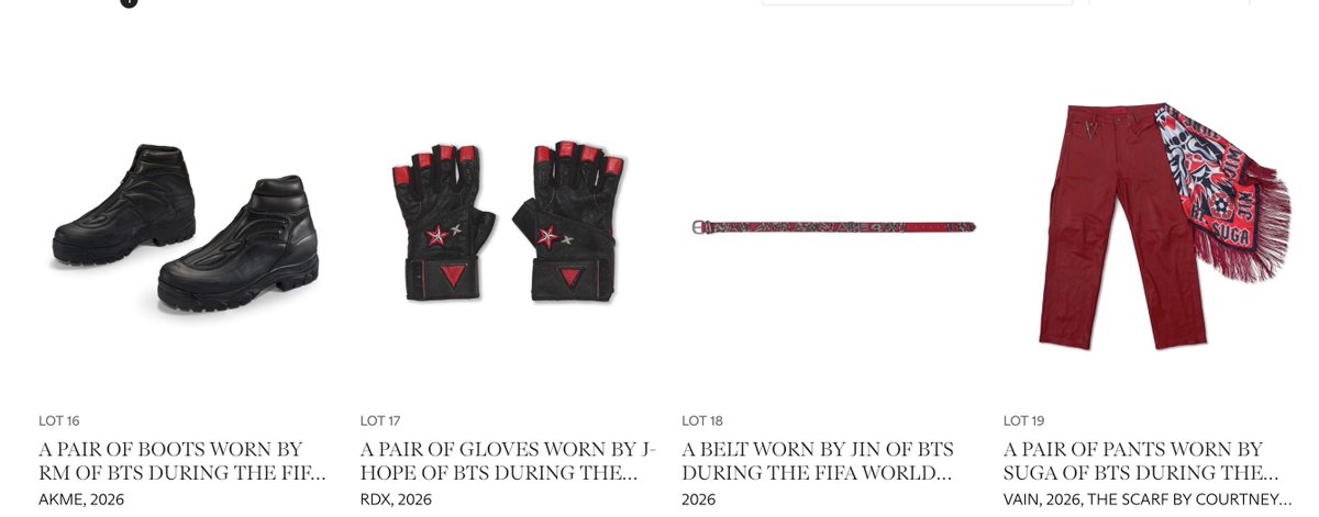 USBTSARMY's tweet photo. Christies | 🛍️ 

One member. One item. One impossible decision. 😭💜

ARMY, Hypothetically... money is no object, which piece would you take home? 👀💜

BTS has each donated items for Christie's charity auction benefiting the FIFA Global Citizen Education Fund 📚 ~ ONE GOAL ⚽️

The lots include j-hope's gloves, SUGA's pants, Jimin's "7" shirt, and more!

🔗https://t.co/6noL2wmZx1
#BTS