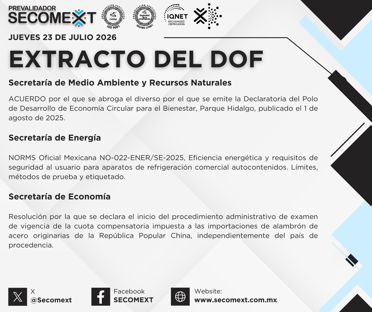 Secomext's tweet photo. 🔔 Extracto del Diario Oficial de la Federación. #ComercioExterior #SECOMEXT #DOF https://t.co/x8ymiYzmES