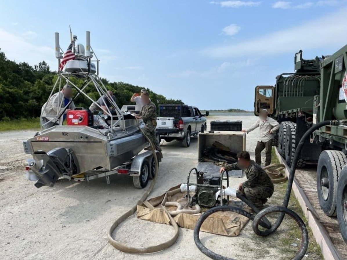 BlackSea_Tech's tweet photo. In 2023, GARC autonomously transited 150 nautical miles through congested inland waterways to deliver supplies, including fuel, in support of a U.S. Marine Corps effort exploring Expeditionary Advanced Base Operations (EABO) logistics.

After reaching shore, GARC pumped fuel directly from an auxiliary tank into Marine Corps vehicles on the beach.

Moving fuel where it is needed, without putting another crew in harm’s way, remains one of the most promising applications for autonomous surface vessels.