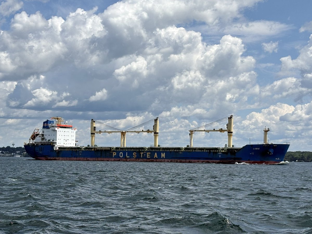 JSASUALUM's tweet photo. The Bahamas’ flagged Polsteam Lubie upbound for Hamilton passing by Hardy Park in Brockville. https://t.co/8sRNEmb4Zx