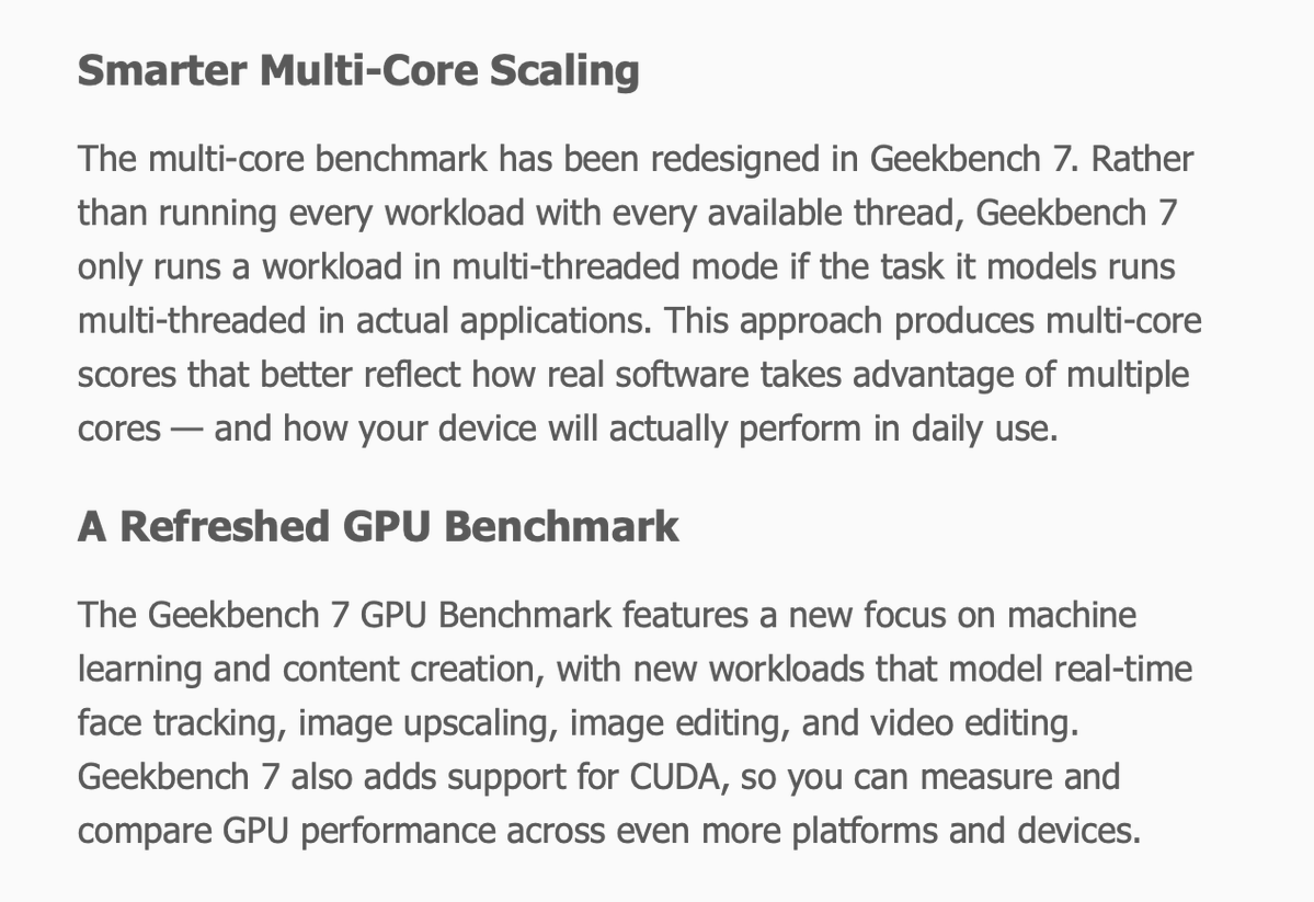 mweinbach's tweet photo. Geekbench 7 is out! 

The long and short of it is the workloads are now far more accurate to real software and real usage, multi-core mode is better, and single-core scores are more accurate

I've been running my devices for a week or so, you can see some of my scores here! https://t.co/CP1f9WenK9