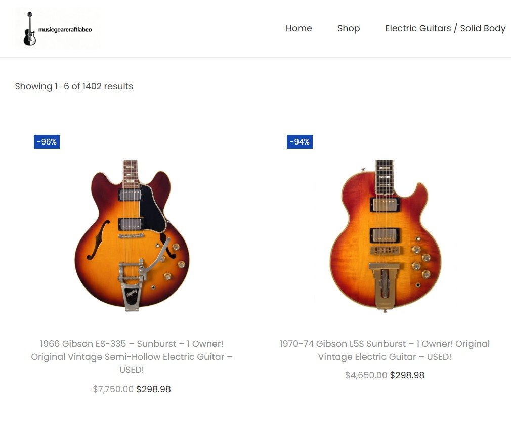 tyler_eh2's tweet photo. Came across a peculiar website while searching for instrument specs.
Noticed they had vintage guitars at 90% off and did some digging and it looks like they are pulling listings from @ChicagoMusicEx (prob. other stores as well) and reposting on their fake website. #musicgear https://t.co/TUV4yA5Tbr