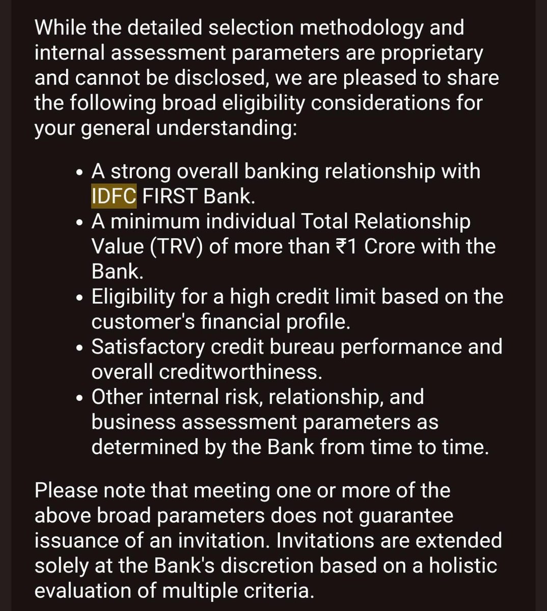 Yg_rulez's tweet photo. After a long battle with IDFC, plus 5000 rupees in compensation, I finally got the eligibility criteria list for the Gaj credit card. https://t.co/fAqpUrnPkb