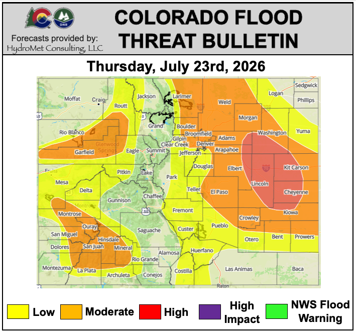 COFloodUpdates's tweet photo. #FTB: Continued monsoon moisture across the state. PM showers and thunderstorms as a low-pressure disturbance also helps to increase storm coverage. This supports an increased flood threat over the I-25 corridor and eastern plains, with the greatest threat over the eastern plains. A HIGH #COflood has been issued. 

Another day of mountain storms. A MODERATE #COflood threat has been issued over the east-west oriented high terrain. Debris flows and mud flows are the greatest concern, especially over steep terrain and areas of saturated soils. #cowx #monsoon

Read the forecast details: https://t.co/Sj0Hlei4fH