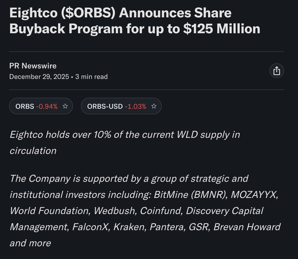 DecodeMarkets's tweet photo. Here is a setup every hedge fund short $ORBS should be modeling before tomorrow

1) $ORBS trades at 40%+ discount to holdings
2) Cash + stablecoins represent 60% of its market cap
3) 23.4 million shares are short 👀
4) Tomorrow, $WLD daily issuance drops 43%
5) 36% of today's market cap is an indirect participation at OpenAI

Company already has a $125M buyback authorization. As of Q1, it had repurchased zero shares.

If management starts buying at these levels, this stops being a crypto debate.

It becomes a supply problem
(read it again)

Mispricings can persist… until the balance sheet decides they shouldn’t.

Watch the chart. Watch the short position.

And remember... @fundstrat now sits on the $ORBS board. Last week, $BMNR -the company he chairs-repurchased 5.5 million shares, approximately $86M worth.

History doesn’t have to repeat. It only has to rhyme.