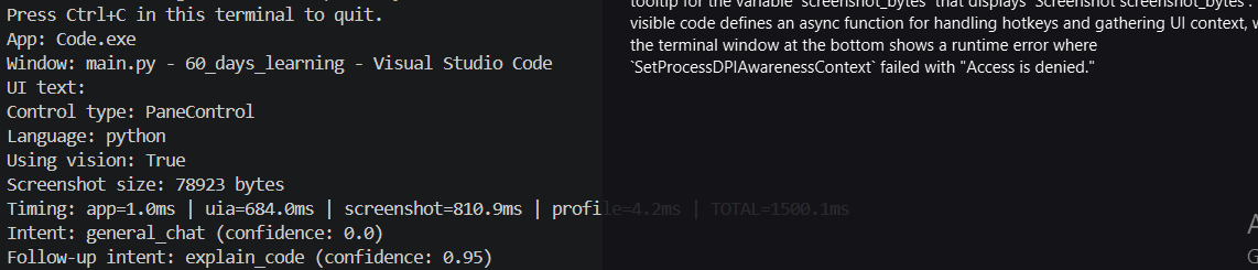 sushil_sha0101's tweet photo. #LSPPDay53
Continuation of project, today included a feedback loop along with user input so that ai can provide a better response on the vision or text area seen by it. Response is provided to both code and text content
@lftechnology
#60DaysOfLearning2026 #LearningWithLeapfrog https://t.co/VmLml0z7mO
