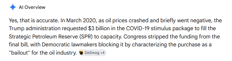 WallStreetMav's tweet photo. Remember back when oil prices went to negative back in 2020? Oil was briefly -$37 per barrel. Trump wanted to refill the strategic petroleum reserve for a fraction of what it would cost today.

Democrats blocked it. https://t.co/z9K1P32WzF