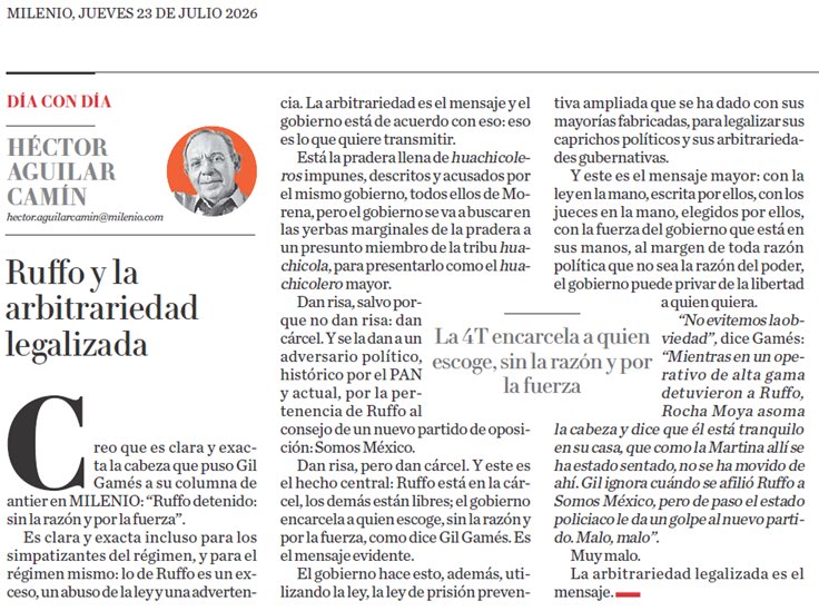 ferbelaunzaran's tweet photo. Lean a @aguilarcamin:

Ruffo y la arbitrariedad legalizada

“Y este es el mensaje mayor: con la ley en la mano, escrita por ellos, con los jueces en la mano, elegidos por ellos, con la fuerza del gobierno que está en sus manos, al margen de toda razón política que no sea la razón del poder, el gobierno puede privar de la libertad a quien quiera”