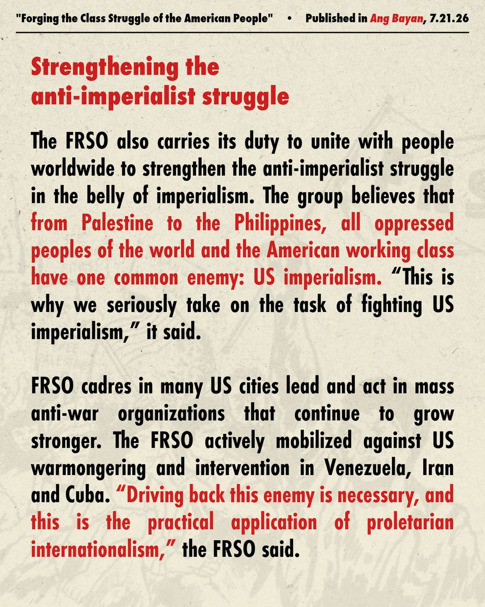 freedomroadorg's tweet photo. (2/2) The FRSO also described the difficulty of engaging with other unions because many are not ready to stand up against attacks on the working class. “We must struggle to position the labor movement on the basis of class struggle,” it said.

The FRSO cited emerging struggles and campaigns beyond the labor sector, particularly among oppressed nationalities, women, LGBT and other sectors. It leads for instance the campaign against Immigration and Customs Enforcement (ICE) and mass deportations.

“The FRSO has long been rooted in the movement for immigrant rights in the US, giving us an advantage to lead major actions against ICE and Trump’s agenda of mass deportation,” the FRSO stated. This has awakened many to see beyond mere racism and injustice, and towards monopolistic-capitalist oppression suffered by both American workers and immigrants.

Unity with anti-Trump forces
The scale and intensity of Trump’s attacks pose a major challenge to the American people’s struggle. “They are so many and so wide-ranging that it becomes impossible to develop campaigns or fight all of them,” the FRSO said. Nevertheless, the group believes these intensifying contradictions in the US create an excellent situation for revolutionaries like them to advance and grow stronger.

“We are developing a broad front against Trump’s agenda,” it said. This means the FRSO must be ready to cooperate with various forces, including those it disagrees with politically and ideologically. “This opens the path to reach millions of masses.”

The severity of the regime’s policies and actions prompted millions of Americans to march the streets over the past two years to oppose them. The FRSO aims to strengthen the struggle until Trump finds the US “ungovernable.”

Strengthening the anti-imperialist struggle
The FRSO also carries its duty to unite with people worldwide to strengthen the anti-imperialist struggle in the belly of imperialism. The group believes that from Palestine to the Philippines, all oppressed peoples of the world and the American working class have one common enemy: US imperialism. “This is why we seriously take on the task of fighting US imperialism,” it said.

FRSO cadres in many US cities lead and act in mass anti-war organizations that continue to grow stronger. The FRSO actively mobilized against US warmongering and intervention in Venezuela, Iran and Cuba. “Driving back this enemy is necessary, and this is the practical application of proletarian internationalism,” the FRSO said.

The group shared that its leadership has made a large contribution to anti-imperialist struggles through its efforts to build a party. Many new cadres have been recruited from the most advanced leaders of this mass movement, the group said.

“There are many challenges, but there are many possibilities as well,” the FRSO declared.