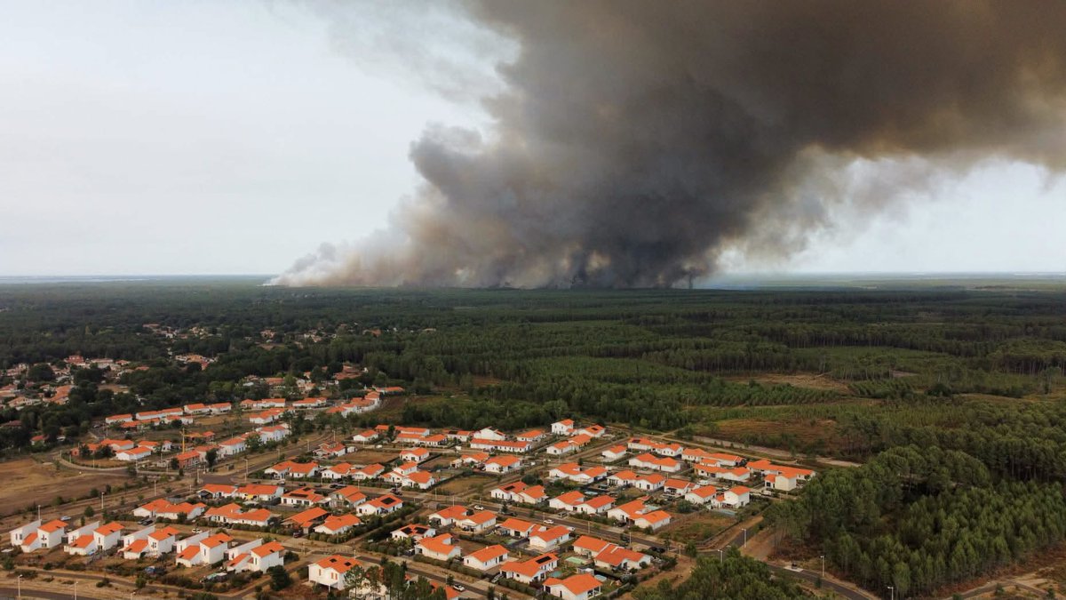 InfosFrancaises's tweet photo. FEUX DE FORÊT : Un très violent incendie, parti d'un véhicule, s'est déclaré dans les Landes, entre Biscarrosse et Sanguinet au niveau de la route de Bordeaux. 200 hectares ont déjà brûlé et 220 personnes ont été évacuées. Les flammes avancent vite, alors que la situation est jugée "défavorable" par les pompiers (France 3 / FGL).