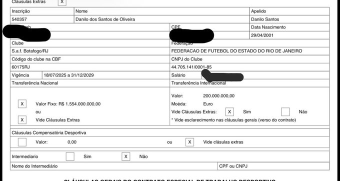 CanalDoManel_'s tweet photo. 🚨🚨🚨 EXCLUSIVA! 

€ 200M É O VALOR OFICIAL DA MULTA RESCISÓRIA DE DANILO DO BOTAFOGO

O contrato de gaveta do Textor que fixa um teto de € 20M não tem validade jurídica https://t.co/w92rQCZSbL