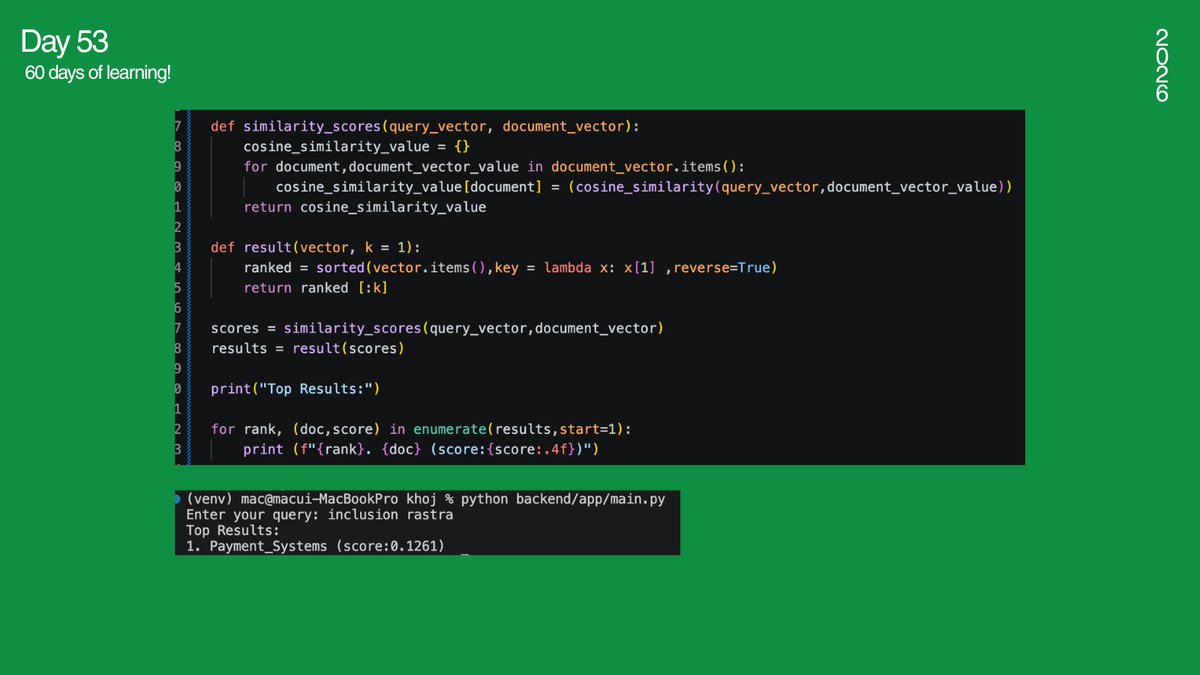 _amisharn's tweet photo. #LSPPDay53
Today I implemented TF-IDF, Vectorization, Cosine Similarity and Top-K Retrieval from scratch.
#60DaysOfLearning #LearningWithLeapFrog
@lftechnology https://t.co/Il0GlNWU0h