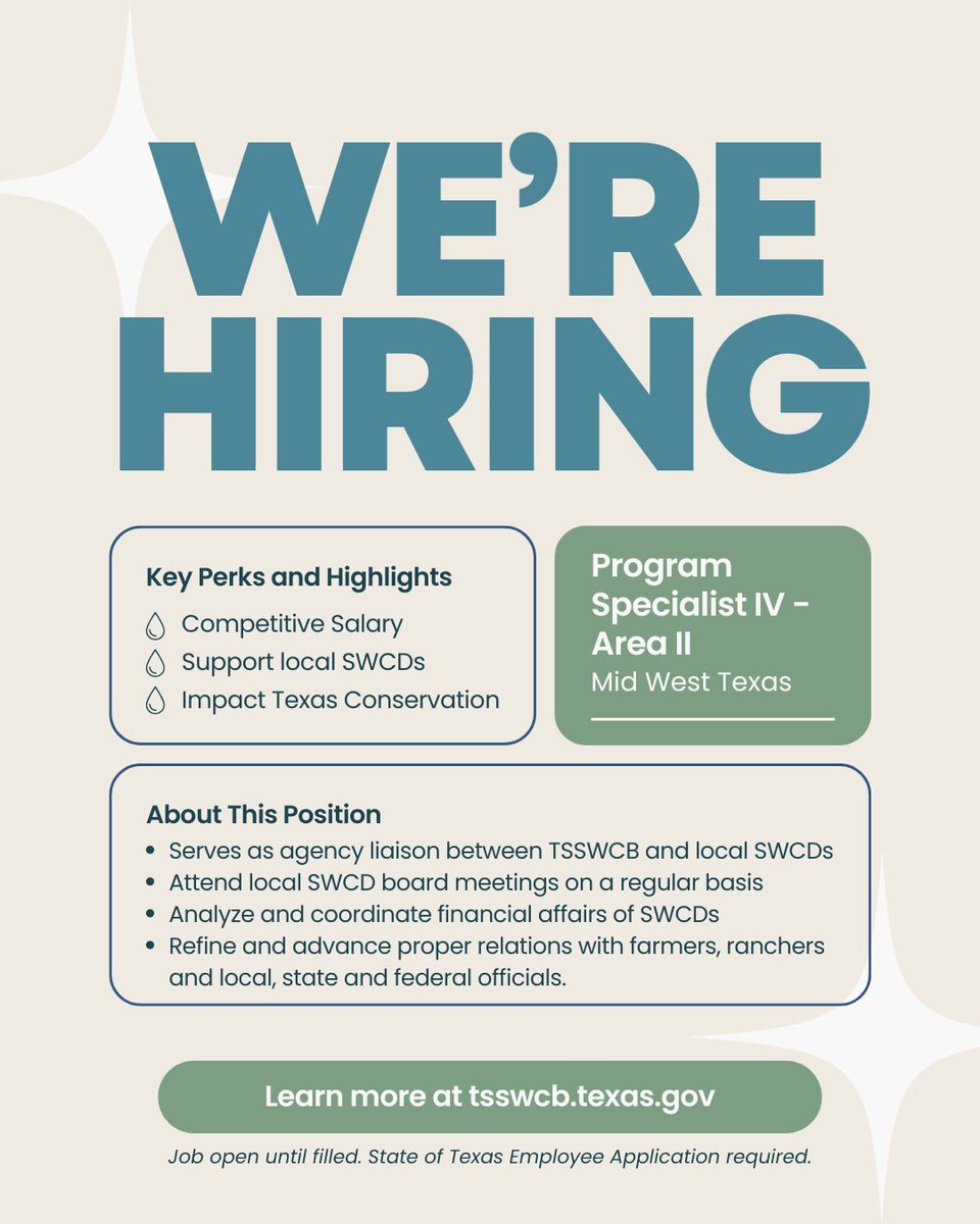 TSSWCB's tweet photo. We're Hiring! The TSSWCB is seeking a Program Specialist IV - Field Representative to serve Area II in Mid West Texas! 

Learn more here: https://t.co/AkQ0gPCHmR https://t.co/uCz0N6XZJh