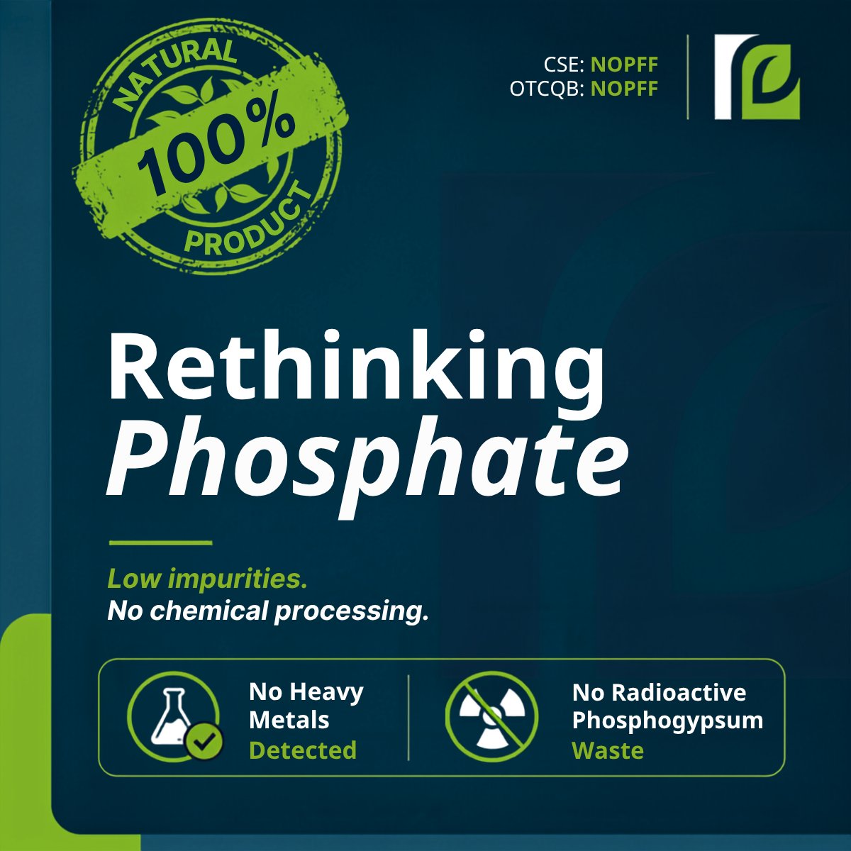 NVOrganicPhos's tweet photo. Traditional phosphate mining has been linked to heavy metals, radioactive waste, and long-term environmental challenges.

We're advancing a phosphate project focused on purity and sustainability.

✅ Clean phosphate deposit
✅ No heavy metals detected in tailings results
✅ No radioactive phosphogypsum waste
✅ Supporting a more sustainable phosphate supply for North America

As demand for phosphate continues to grow, cleaner sources matter. Learn more about our mission: https://t.co/xNly4DSPwJ

$NOP.CN $NOPFF
