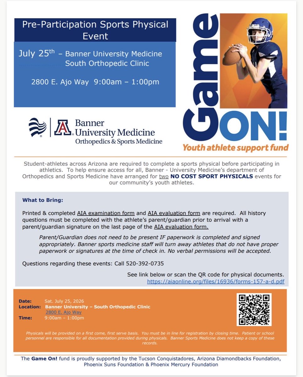 coachBSanders18's tweet photo. Southern Arizona area Coaches and Young Athletes.. if you still need a Sports Physical for competition this school year, Banner is hosting NO COST physicals at their South Orthopedic Clinic this Saturday, July 25th from 9am-1pm! Please spread the word! https://t.co/VKK6AaWPWx