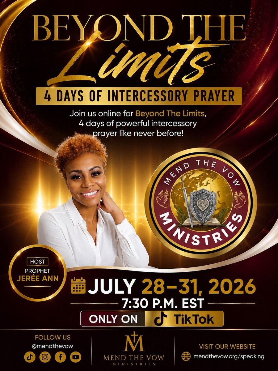mendthevow's tweet photo. Join us for 4 life-changing nights of passionate intercession, prophetic prayer, and breakthrough as we seek God's presence together.

📅 July 28–31, 2026
 🕢 7:30 PM EST
 📍 Streaming LIVE on TikTok https://t.co/jiLTKQJh7T