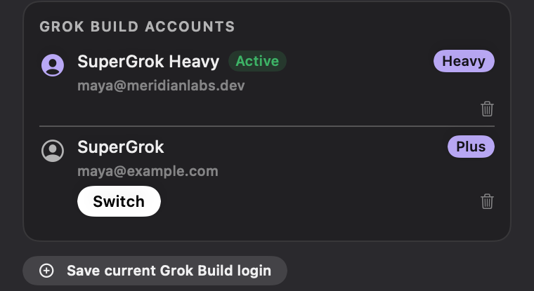 devkeyfob's tweet photo. grok 4.5 on all platforms is great until you realize youre juggling a supergrok account per platform and none of them agree on how much you have left. built devfob so i see every account window and swap logins in one tap on the mac. everywhere, one place to keep track https://t.co/GoEKB4zDjH