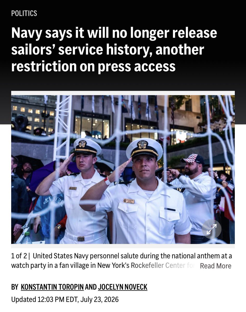 SeanParnellASW's tweet photo. This headline is entirely inaccurate, and the reporting behind it is a prime example of bad journalism.

The AP story is a gross misinterpretation of the facts. The reporters failed at basic fact-checking, even misspelling names, and weaponized standard administrative timelines to push a manufactured narrative about "restricted press access."

Let's be clear: Our Sailors willingly go into harm’s way and sacrifice their own personal freedoms to protect yours, including your freedom to ask these questions. Ensuring their safety and the privacy of their families is our absolute priority, and we make no apologies for protecting those who protect this nation. Here are the facts:

• There has been NO change to the Navy's policies governing the release of service records.

• To enhance the security of our Sailors and their families, Naval Administrative Message (NAVADMIN) 170/26 updated the policy for leadership biographies on public-facing websites—not service records.

•The Navy continues to review requests for service records on a case-by-case basis. 

•Every single media request has been fulfilled since the NAVADMIN was issued.

We expect basic accuracy from the press, but sometimes that’s asking too much from a biased media. Do better, Fake News!
