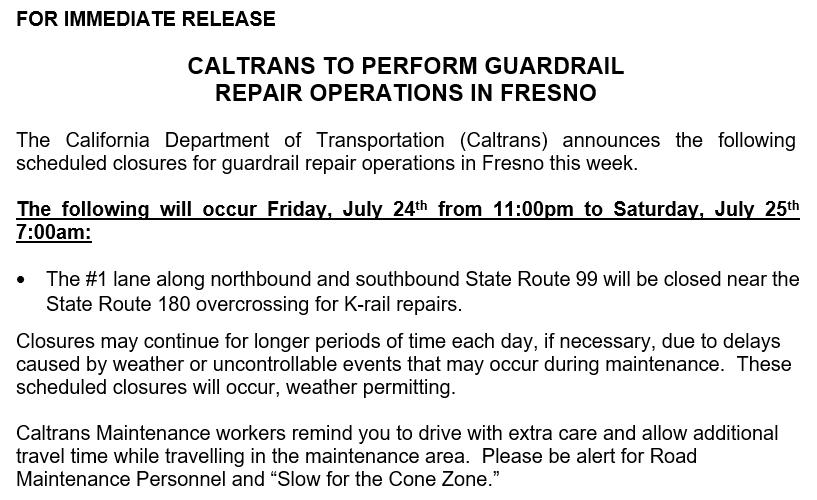 CaltransDist6's tweet photo. FRESNO:  Overnight lane closures scheduled along State Route 99 for guardrail repairs this week. Motorists should plan accordingly. https://t.co/Zo4wg1kzTF