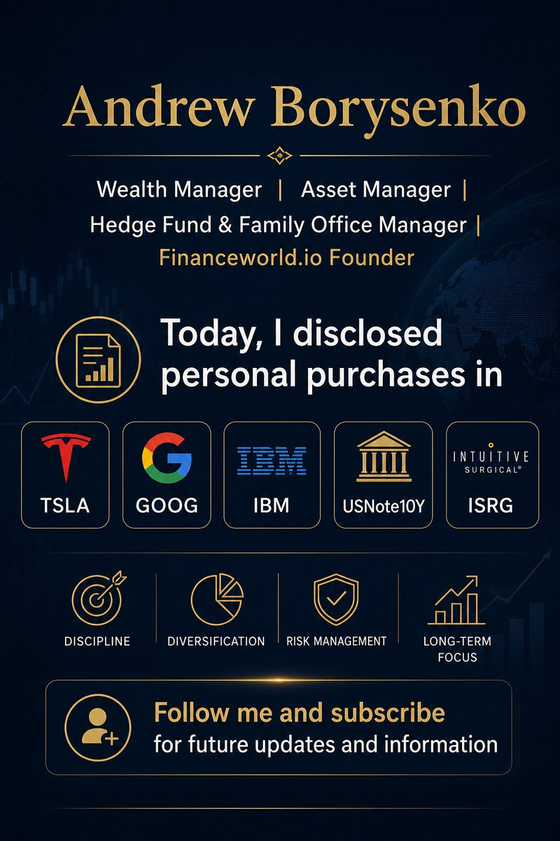 FinanceWorld_io's tweet photo. 📊 Wealth Management Portfolio Disclosure: Equities and Treasury Exposure

Today, I disclosed personal purchases in Tesla (TSLA), Alphabet Class C (GOOG), IBM (IBM), Intuitive Surgical (ISRG), and exposure to the U.S. 10-Year Treasury Note.

🛡️ Educational perspective only https://t.co/mmsAN95qXb