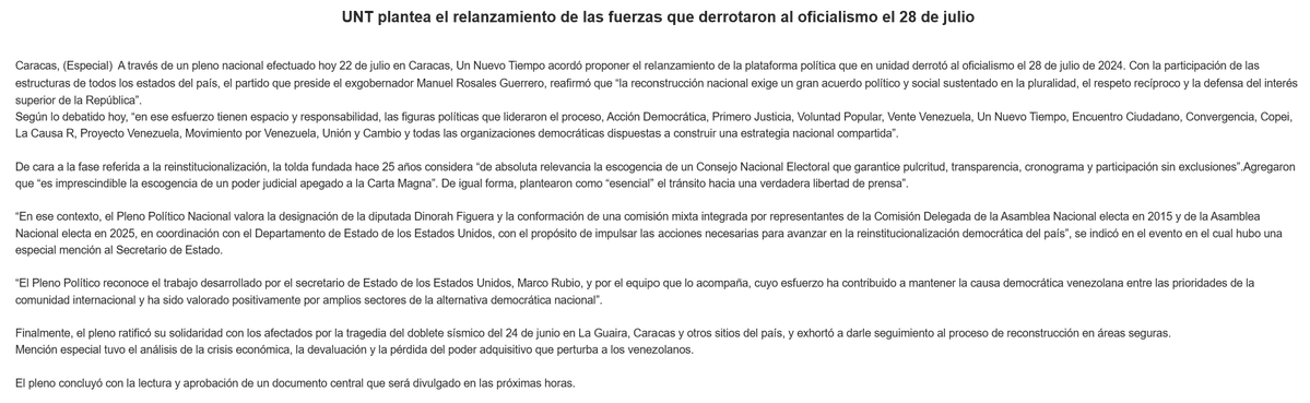 Gbastidas's tweet photo. UNT manda nota de prensa con declaraciones de Manuel Rosales diciendo que quieren volver a la coalición de 2024 con la PUD y Vente Venezuela.

¿Borrón y cuenta nueva? https://t.co/ac84jkkIYc