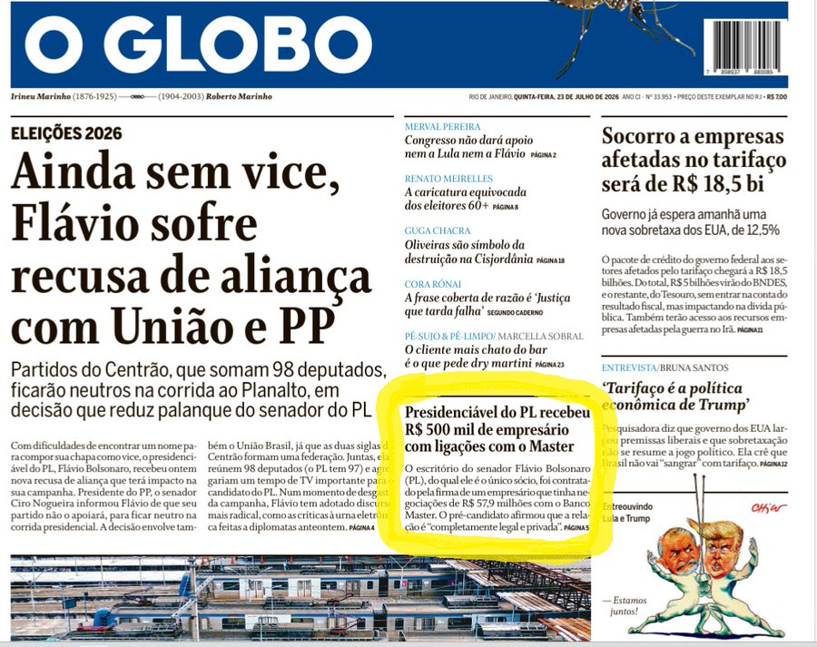 EuRobo36's tweet photo. O Jornal O Globo não diz o nome do presidenciável (Flávio Bolsonaro) que recebeu R$ 500 mil de empresário ligado ao Master e ainda usa nota de rodapé. https://t.co/0T7ZKO8FY2