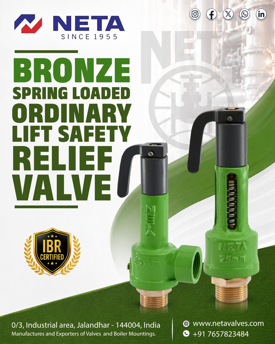 NetaMetalWorks's tweet photo. Neta Bronze Spring Loaded Ordinary Lift Safety Relief Valve (with D.I. Chamber)

Spring-loaded safety valve with open/enclosed discharge and screwed male inlet BSP parallel threads. Suitable for steam application. https://t.co/L4ffbGf30w