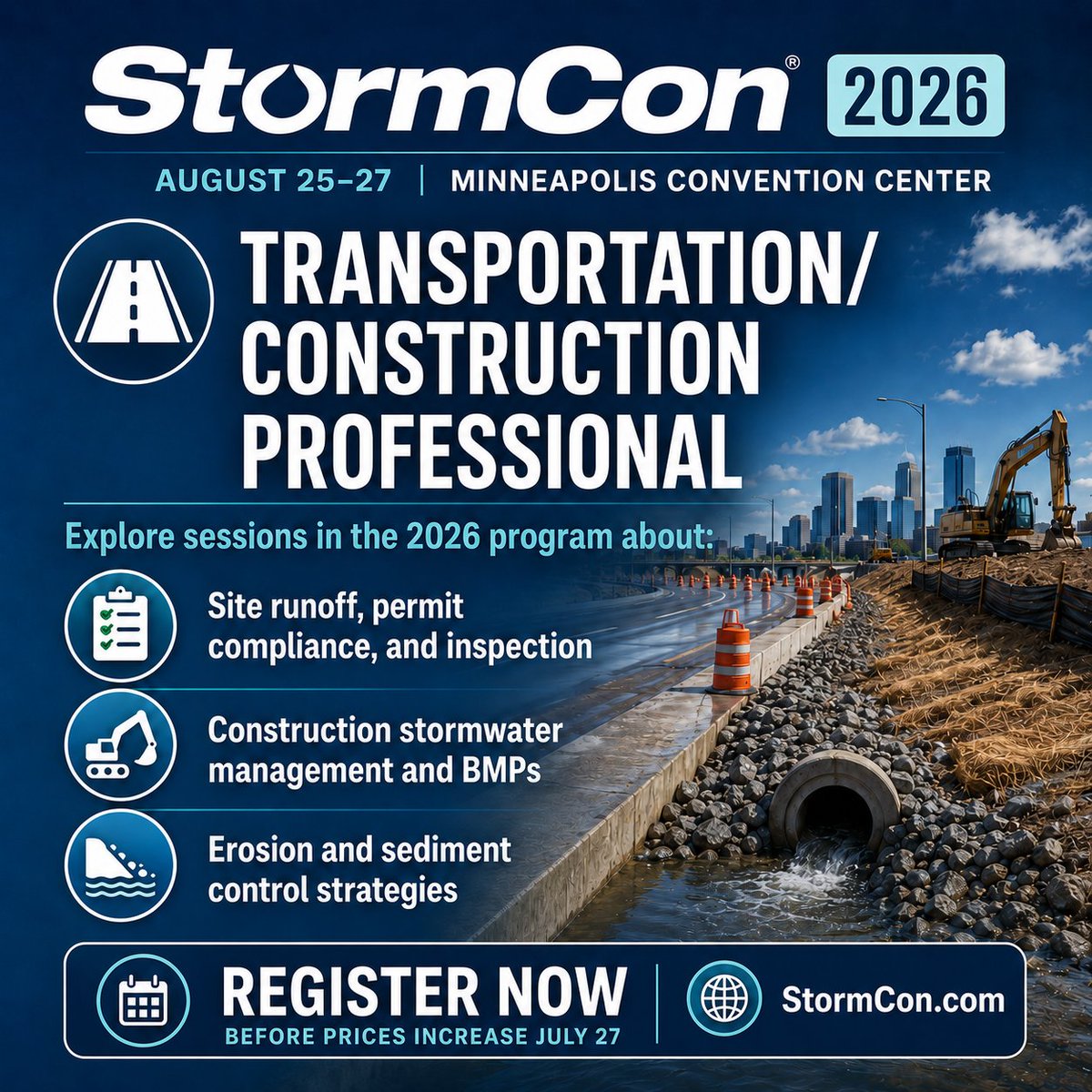 StormCon's tweet photo. Transportation &amp; construction pros: don’t miss #StormCon 2026.

Explore 40+ sessions, hear from 65+ speakers, and earn up to 12.5 PDH credits while learning practical stormwater strategies.

Lock in your pass: https://t.co/BE57JSHUv2

#Stormwater #Construction #BMPs https://t.co/lpRo6Ntsk7