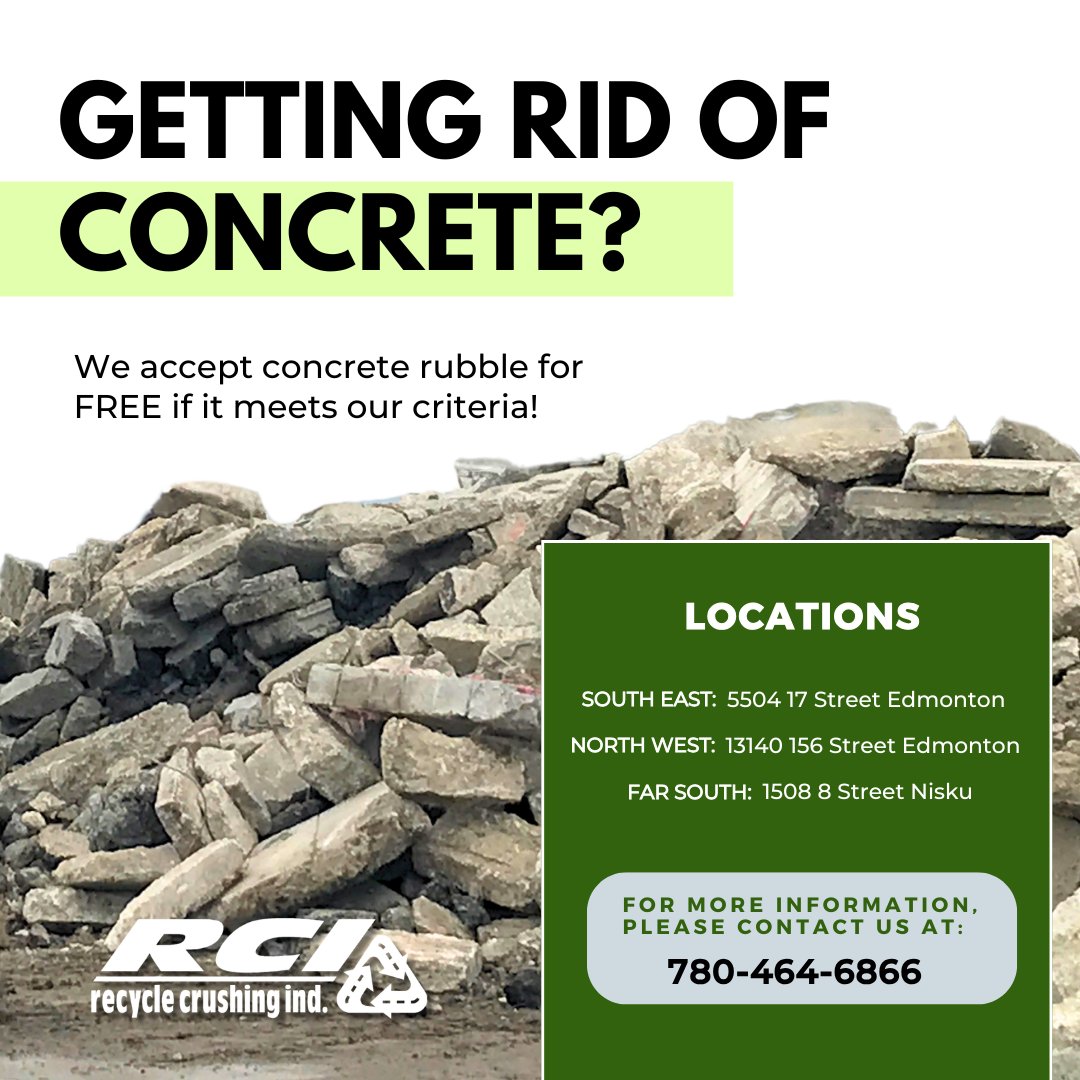 ParkPaving's tweet photo. Our RCI yards accept concrete rubble! Call 780-464-6866 for information about our concrete rubble criteria and to arrange a drop off at any one of our three locations.

#yeg #yegbusiness #yegconstruction #concrete  #edmonton #yegbuilders #construction #recyclecrushing https://t.co/F624pAknql