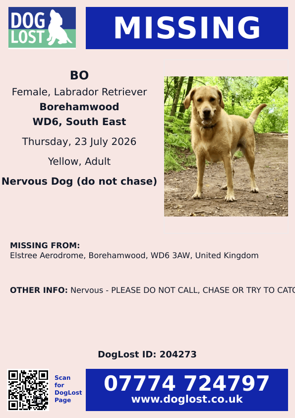 millypod1's tweet photo. π23 JULY 2026 #Lost BO #ScanMe
Labrador Retriever Female
Nervous Dog (do not chase)
Elstree Aerodrome #Borehamwood #WD6 3AW #Hertfordshire
https://t.co/ZUKuSnimJK https://t.co/eYfJg7XY5P