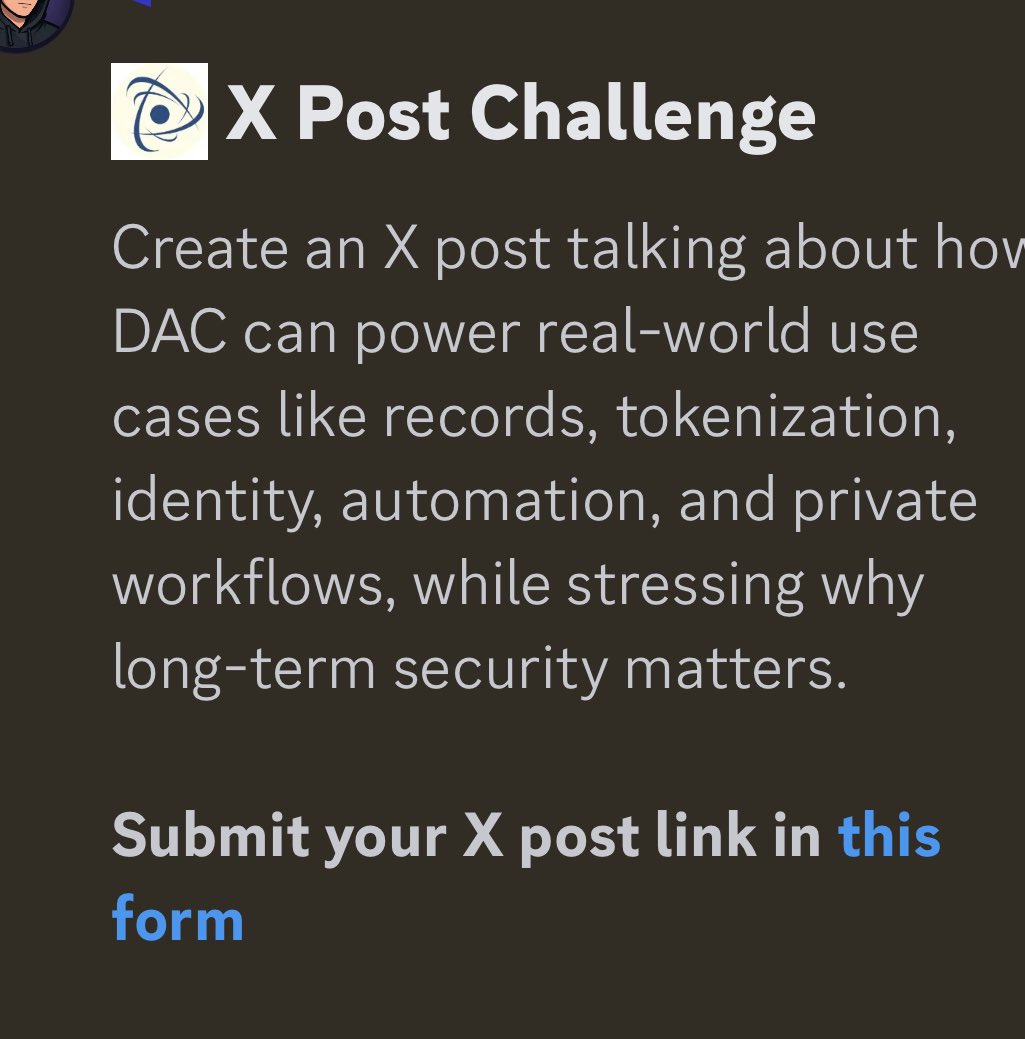 stephbanj's tweet photo. GN CT 

For this week’s  @dac_chain xPost challenge. 

You are to create an X post talking about how DAC can power real-world use cases like records, tokenization, identity, automation, and private workflows, while stressing why long-term security matters.

You care to submit here : https://t.co/PtuGaMskc5

Every successful submission earns you 50 ENERGY points .

Outstanding content with authenticity earns additional 20 ENERGY points 

I have to really carefully craft this content. I must earn that extra 20 points this time . 

Submission closes on Sunday 26th of July . Good luck