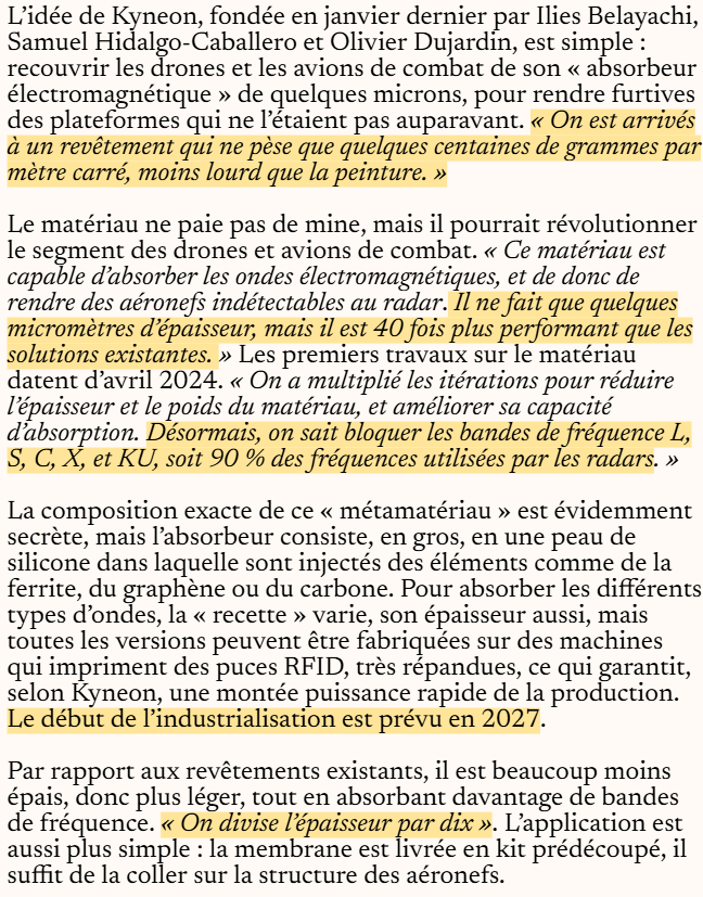 aympontier's tweet photo. La startup 🇫🇷 Kyneon, issue de l’Institut Pierre-Gilles de Gennes (Université PSL), développe un matériau capable d’absorber les ondes électromagnétiques, applicable sur les drones et avions de combat, et permettant de les rendre invisibles au radar.
https://t.co/3KyefPYzt6 https://t.co/dRDWMU8TBE
