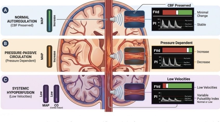 LeslieMegom's tweet photo. 🧠 Atención neurocrítica dirigida por presión: El  del Doppler transcraneal🧐.●Melo RH, Robba C. Pressure-targeted neurocritical care at the bedside: the emerging role of transcranial Doppler. Critical Care.
☝🏻🤓El Doppler transcraneal permite transformar el manejo de la presión arterial de una estrategia numérica a una prueba fisiológica individualizada.🎯
🔴🤓☝🏻Puntos para la discusión neurocrítica:
📌¿Qué cambio en la velocidad diastólica, velocidad media e índice de pulsatilidad definiría una respuesta cerebral favorable?
📌¿Puede una PAM más alta empeorar la presión intracraneal o el edema cuando la circulación es presión-pasiva?
📌¿Cómo distinguir hipoperfusión por presión insuficiente de hipoperfusión secundaria a bajo gasto cardiaco?
📌¿Deberíamos titular norepinefrina con base en PAM/PPC o mediante una prueba dinámica multimodal que integre TCD, PIC, PbtO₂, NIRS y gasto cardiaco?
📌¿Cuál es el punto en el que seguir elevando la PAM deja de ser neuroprotector y se convierte en una intervención cardiopulmonarmente perjudicial?
🧠En un paciente con lesión cerebral aguda, hipotensión y velocidades bajas en Doppler transcraneal, ¿Cómo podemos demostrar que aumentar⬆️ la PAM 🎯realmente mejora el flujo cerebral, y no solo “normaliza” la PAM,  especialmente cuando la autorregulación está alterada y el gasto cardiaco es insuficiente?
🧠🫀No se trata de encontrar una PAM universal, sino de identificar:
cuándo el cerebro es presión-dependiente, 
cuándo la autorregulación amortigua los cambios, cuándo el verdadero problema es el gasto cardiaco
y cuándo aumentar la presión puede resultar inútil o dañino.🤯
👩🏻‍⚕️☕️El manejo hemodinámico de la lesión cerebral aguda se ha basado tradicionalmente en mantener valores predeterminados de presión arterial media y presión de perfusión cerebral. Sin embargo, una misma PAM puede generar perfusión cerebral adecuada en un paciente y resultar insuficiente o excesiva en otro.🫀
 📌¿Qué hizo el flujo cerebral cuando modifiqué la PAM?.
☝🏻🤓La propuesta es cambiar de una estrategia centrada exclusivamente en la presión hacia una evaluación presión–flujo individualizada, utilizando el Doppler transcraneal como ventana fisiológica a la circulación cerebral.🧠
⏩️La idea central puede resumirse así:
◾️ No se debe aumentar la PAM porque esté “baja”; debe aumentarse cuando el cerebro demuestre que su perfusión mejora con ese incremento.
◾️El Doppler transcraneal permite observar en tiempo real cómo cambian las velocidades de flujo cerebral durante intervenciones como aumento de vasopresores, administración de líquidos,🚿
Y la  modificación del gasto cardiaco, corrección de hipocapnia o tratamiento de hipertensión intracraneal. 🧠
☝🏻🤓Variables Doppler con mayor utilidad fisiológica🧠
🔴Velocidad diastólica de flujo — FVd
◾️La FVd representa la persistencia del flujo cerebral durante la diástole.
🧠Cuando disminuye, deben considerarse:
●Reducción de la PPC.
●Aumento de la PIC.
●incremento de la resistencia cerebrovascular.
●Presión arterial diastólica insuficiente.
●Bajo gasto cardiaco.
●Hipocapnia.
●Proximidad a la presión crítica de cierre.
🚨La desaparición o inversión del flujo diastólico representa un hallazgo grave, pues indica que la presión efectiva durante la diástole es insuficiente para mantener flujo anterógrado.
☝🏻🤓Velocidad media — FVm
Los valores habituales en adultos se encuentran aproximadamente entre 40 y 80 cm/s, aunque dependen de edad, PaCO₂, hematocrito, metabolismo.
☝🏻🤓Una FVm baja ⚠️puede corresponder a hipoperfusión, pero también a sedación profunda, hipotermia o bajo metabolismo cerebral.
☝🏻🤓 Una FVm elevada 🚨puede indicar hiperemia o vasoespasmo; nunca debe interpretarse sin el contexto clínico.
🧐🧠Índice de pulsatilidad.
📣El IP describe la relación entre la entrada pulsátil y la resistencia distal.
☝🏻🤓No debe utilizarse como sustituto aislado de la PIC. El mismo IP elevada puede representar hipertensión intracraneal, hipocapnia o bajo gasto👇🏽