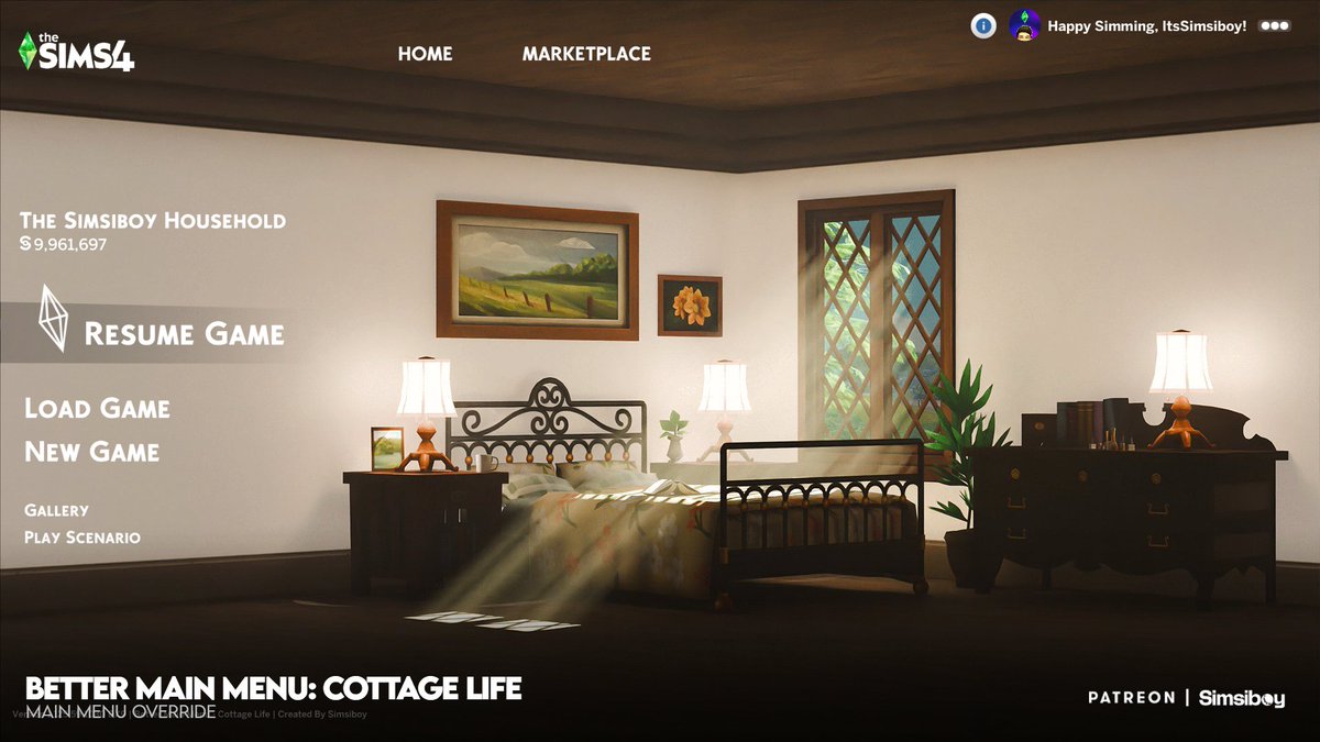 Simsiboy_'s tweet photo. Better Main Menu: Cottage Life

A new spinoff for Better Main Menu, transforming EAs Cluttered main menu into a cozy little bedroom! ✨

✨In Early Access
🗓️Public Release -  August 6 https://t.co/iqodQm2Sem
