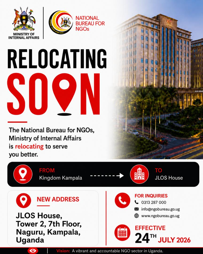 mia_uga's tweet photo. PUBLIC NOTICE: Effective tomorrow, 24th July 2026, the National Bureau for NGOs ( @NGObureau ), is relocating from Kingdom Kampala to JLOS House, Tower 2, 7th Floor, Naguru, Kampala, Uganda to serve you better. https://t.co/yQRE9RaakI
