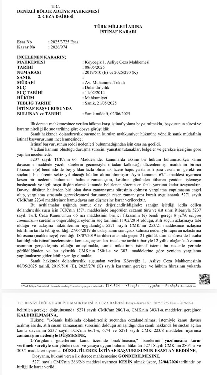 muhammet_tokali's tweet photo. Ceza davalarında dikkat edilmesi gereken en önemli hususlardan birisi zaman aşımıdır. Davada Olağan veya olağanüstü zaman aşımı süresi dolmuşsa düşme kararı verilir. Ancak mahkemelerce sıklıkla bu durum gözden kaçırıldığından sanık veya müdafi tarafından bu durum mutlaka ileri sürülmelidir 
Dolandırıcılık davasında başvurumuz üzerine istinaf ceza dairesince verilen düşme kararı!! 
Denizli BAM https://t.co/T0OVmf3JLN
2025/3725E, 2026/974K👇