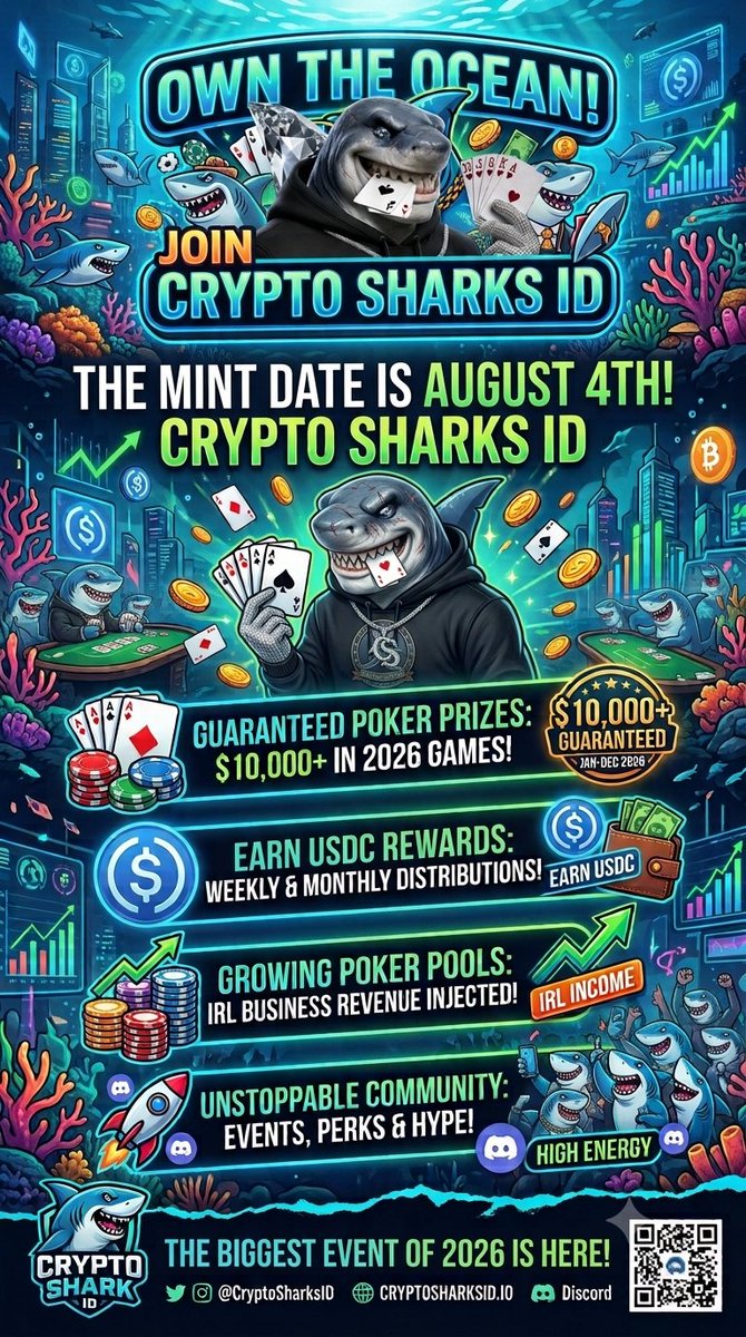 CryptoSharksID's tweet photo. 🦈 **MAJOR MINT Q&A: JOIN THE CRYPTO SHARKS VC!** 🦈

Got questions about our upcoming **August 4th Mint**?

 We’re holding two crucial VC Town Hall sessions in Discord to cover everything you need to know about USDC rewards, poker prize pools, and our roadmap! 💰🔥

🚨 **SESSION 1:**
🗓️ **Tomorrow (Friday) @ 12:00 PM EST**

🚨 **SESSION 2:**
🗓️ **Next Tuesday @ Our Regular Tuesday Time Slot**
*(Note: Moving from X Spaces to Discord VC for open Q&A!)*
Set your reminders, pop into the voice channel, and get ready for the launch. We swim alone, but eat together! 💎♠️

👇 **Hop into Discord 
🔗 Link in Bio
#CryptoSharks #NFTCommunity #Web3 #PokerNFTs #MintingSoon