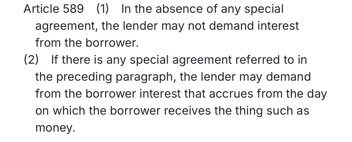 fefe01101100's tweet photo. XRP reset button is Article 589 of Japan’s Civil Code (民法), which governs interest on loans for consumption:

Japanese lenders can refuse to roll over yen loans to foreigners (no automatic refinancing).

This risks forcing carry-trade borrowers to repay → sell assets + buy yen → accelerates reverse carry unwind.

Japanese banks stop rolling yen loans → overleveraged carry traders forced to repay.

They dump assets to buy yen → prices crash → margin calls cascade → fire sales & liquidity squeeze hit the most leveraged institutions hardest.

Let the dominos fall where they may. At the end of the day, it is XRP to $8K