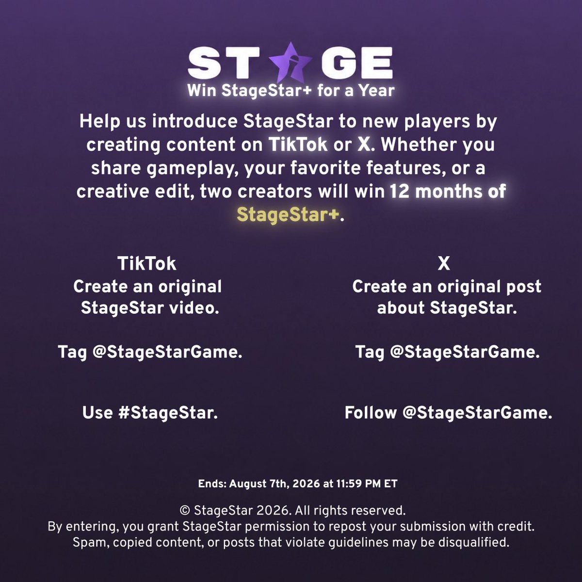 StageStarGame's tweet photo. Win StageStar+ for a year.

To celebrate StageStar 2.0, we’re giving two players the chance to win 12 months of StageStar+.

Create a StageStar post on TikTok or X and show us why others should play. The entry with the most likes at the end of the promotion will win. https://t.co/NQ5K9AWrGU