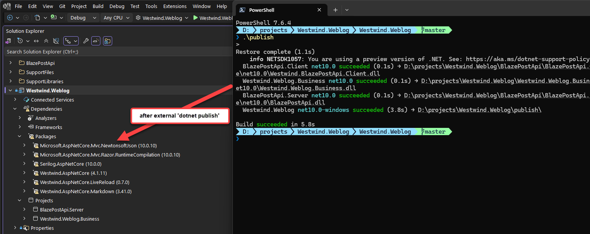 RickStrahl's tweet photo. Why does this have to happen every time you build externally from Visual Studio:

All the package references show with warnings. A new compile in Visual Studio fixes this... but it shouldn't be this way.

Likely due to different build tools used, but shouldn't we by now 10 years on be using a single set of tools to build .NET apps instead of this VS/msbuild and dotnet build dichotomy?
