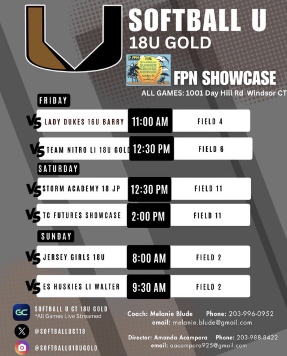nylajaser's tweet photo. Schedule for this weekend at FPN!!! @SoftballUCT18 @CoastRecruitsSB https://t.co/CFatsWGy84