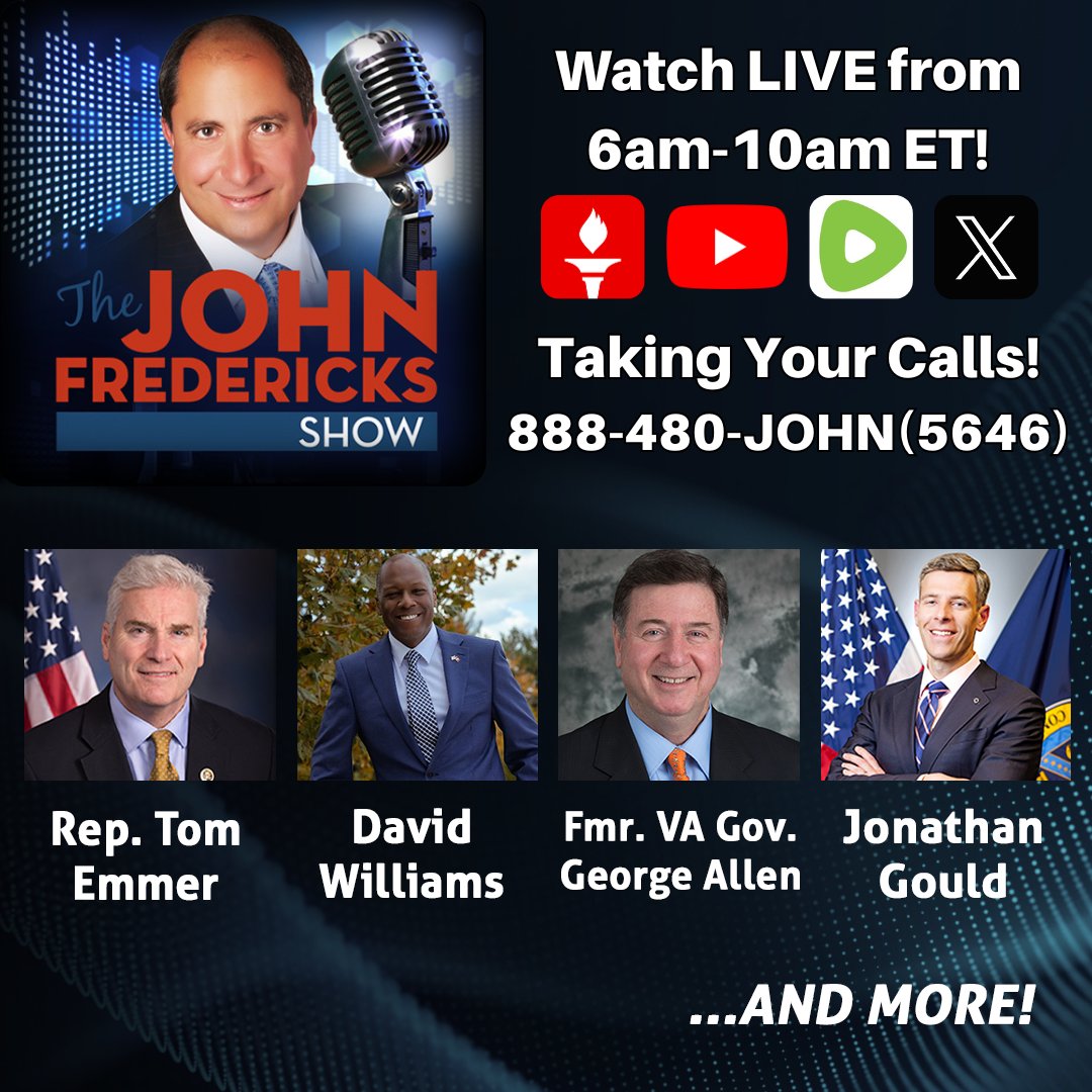 jfradioshow's tweet photo. #JFRS #FRIDAY #GodzillaOfTruth
6:00 AM -10:00 AM ET | LINE-UP - Watch Live at https://t.co/PKkmw24m7E
7:05 AM ET Col. William "Burner" Dunn
7:35 AM ET Rich Butkus
8:05 AM ET @robcrilly @ReporterMcCabe
8:35 AM ET @GOPMajorityWhip
9:00 AM ET #TheVAGang @ChrisBSaxman @SenatorJoeMorrissey @ChapPetersen @AssocAnderson @georgeallenva
9:05 AM ET @WilliamsforVA
9:35 AM ET @USComptroller #JonathanGould
Taking Your Calls!!! 888-480-JOHN (5646)
Download the APP at:
https://t.co/x73b5KViMQ
Stream Live on #GettrLIVE @jfradioshow
https://t.co/EymSgYmtb2