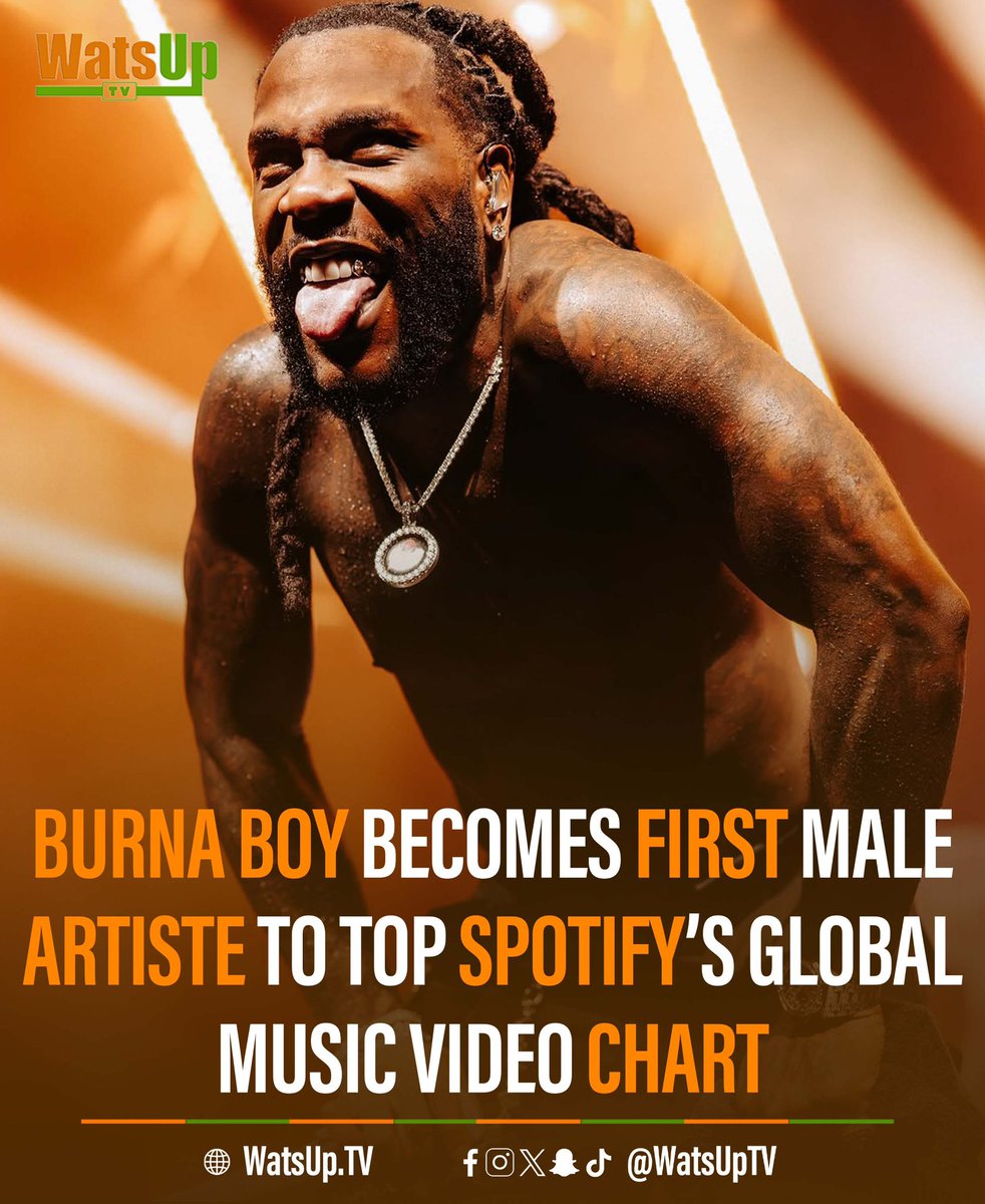 WatsUpTV's tweet photo. 🚨 @burnaboy Makes History With Spotify Global Music Video Chart Milestone.

His FIFA World Cup anthem “Dai Dai,” with Shakira, debuted at the top of the chart, making Burna Boy the first African artist and the first male artist to achieve the milestone.

The global hit continues its incredible run, climbing to a new peak of No. 13 on the Billboard Hot 100, with projections pointing toward a Top 10 entry following Burna Boy and Shakira’s electrifying 2026 FIFA World Cup Final Halftime Show performance.

“Dai Dai” also remains the most-streamed music video of 2026 on YouTube, with nearly 500 million views, and previously reached No. 1 on the Apple Music Global Songs Chart.

The song’s success has helped Burna Boy extend his record as the African artist with the most monthly listeners in Spotify history, surpassing 53 million monthly listeners, while also setting a new record on YouTube Music with over 600 million monthly listeners.

📸: burnaboy 

#WatsUpTV #DatsWatsUp #Burnaboy #Spotify
