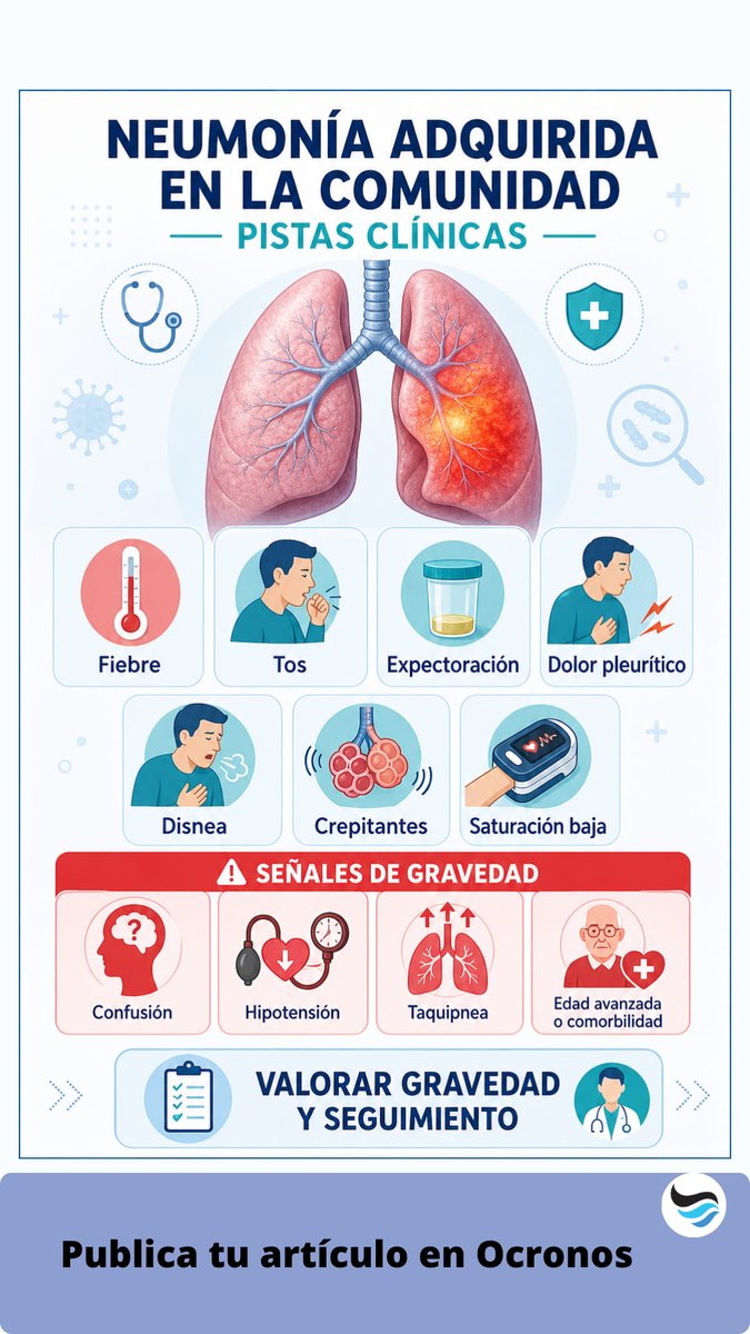 revistaocronos's tweet photo. Neumonía comunitaria: no mires solo la tos  
Saturación baja, crepitantes y dolor pleurítico orientan; confusión o hipotensión obligan a valorar gravedad.  
Guárdalo para triaje clínico 🫁 #Medicina #Enfermería https://t.co/16TieA83vW